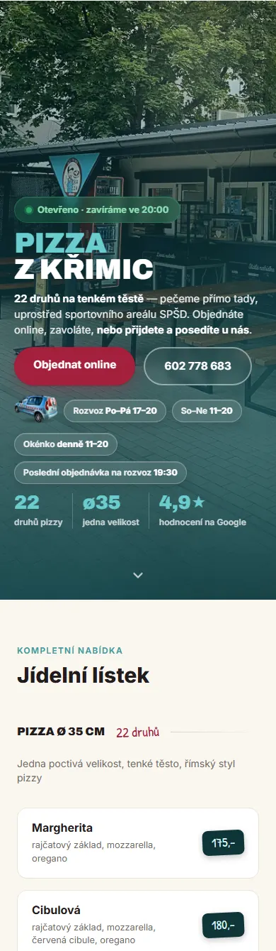 Web Kuska Pizza na mobilu